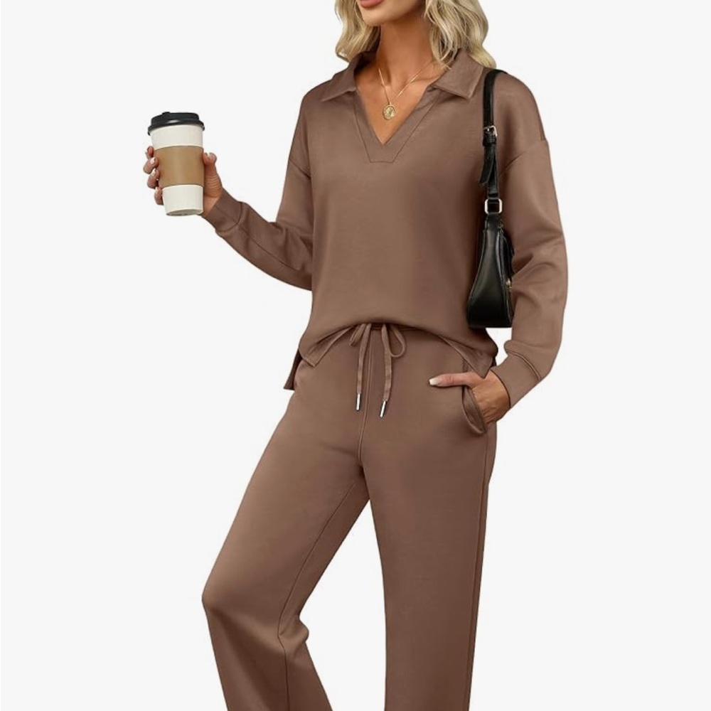 Brown Lounge Set with V-Neck Top and Drawstring Pants